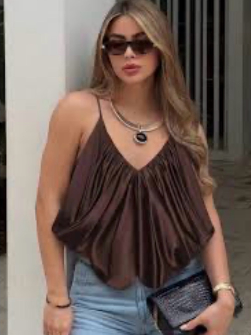 Zara Brown Satin V-Neck Spaghetti Strap Top